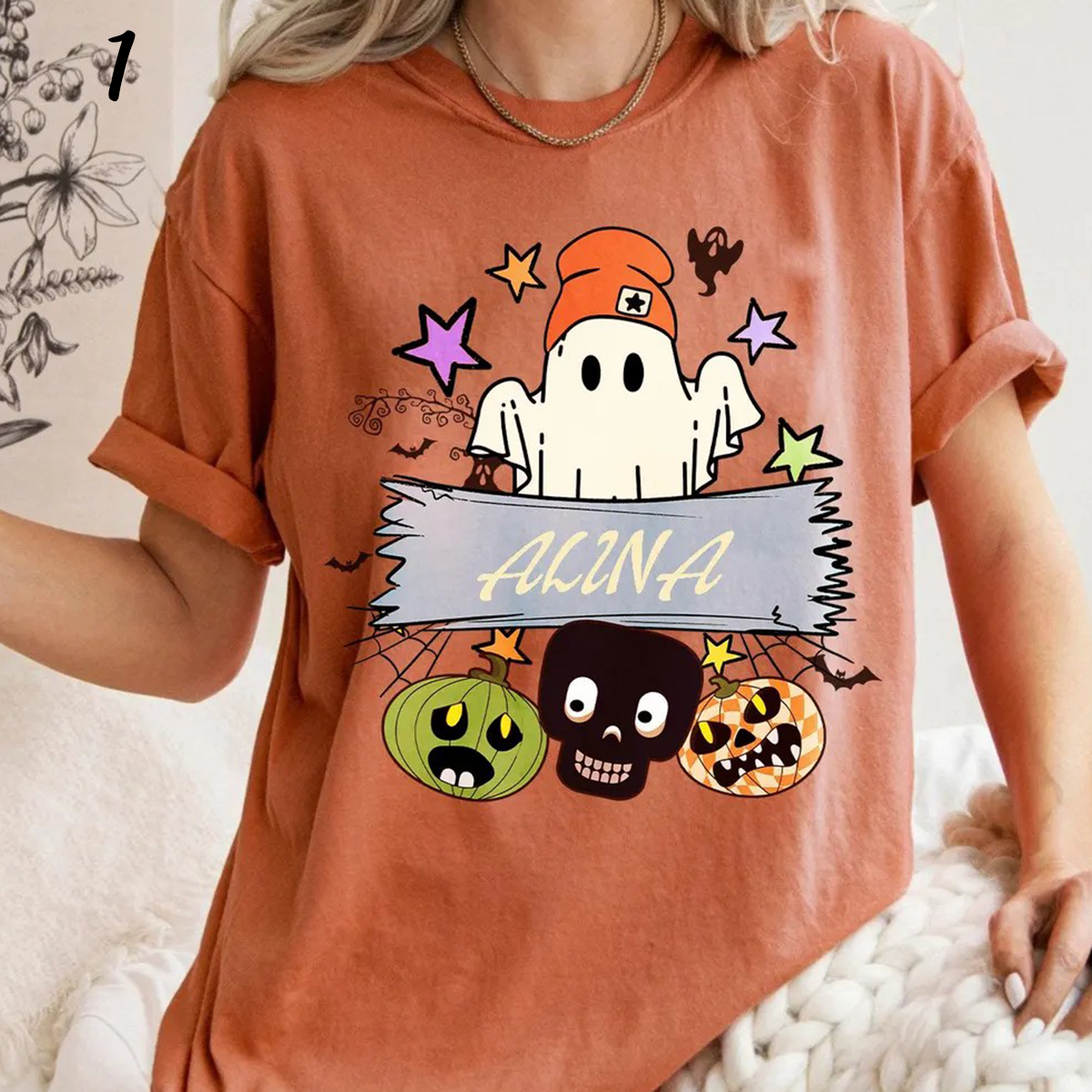 Cute Ghost And Pumpkin Halloween Custom Name Boo T-Shirt,TS-CT-769