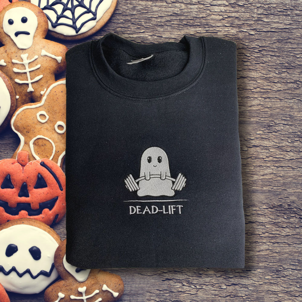 Adorable Ghost Weightlifting Sweatshirt,Embroidered Halloween Sweatshirt,TS-L-589