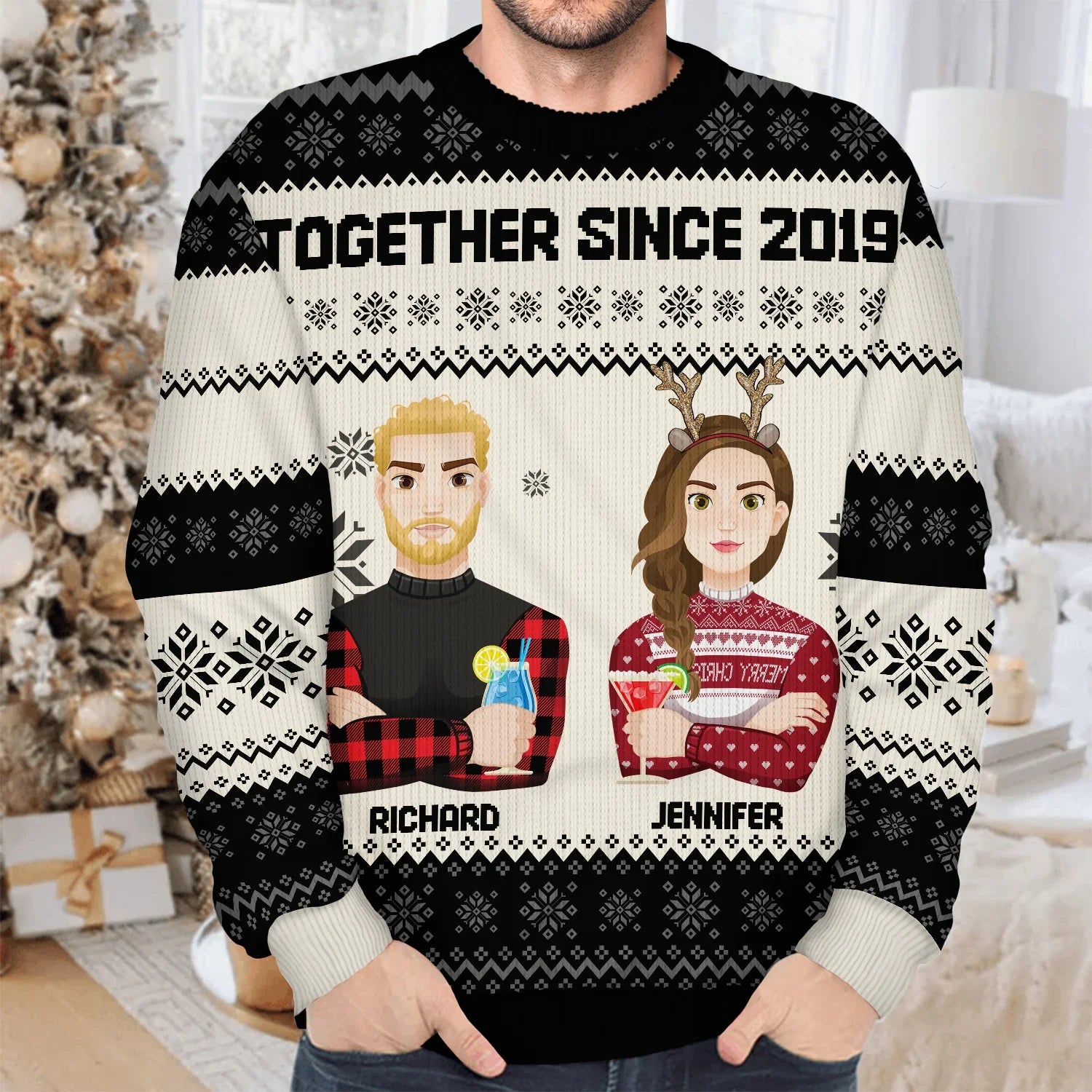 Flat Art-Christmas Gift For Family,Couple Personalized Name Unisex Ugly Sweater,TS-L-953