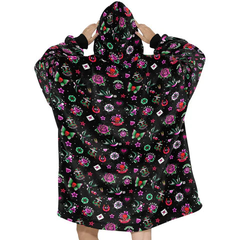 Black Retro Tattoo Print Blanket Pajamas,TS-L-897