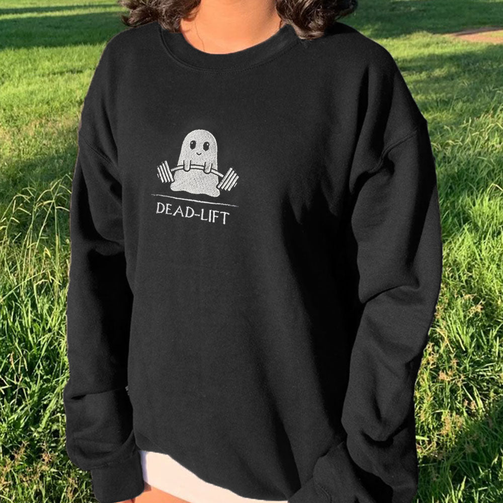 Adorable Ghost Weightlifting Sweatshirt,Embroidered Halloween Sweatshirt,TS-L-589