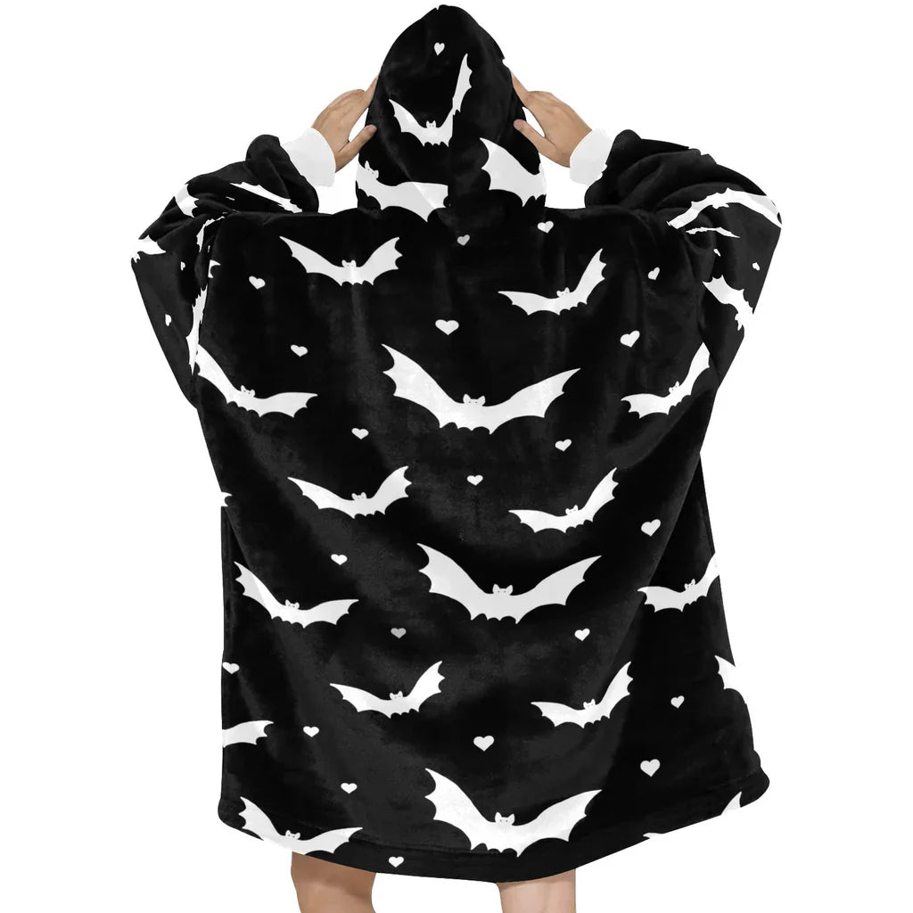 Black & White Bat Print Blanket Hoodie Pajamas,TS-L-922