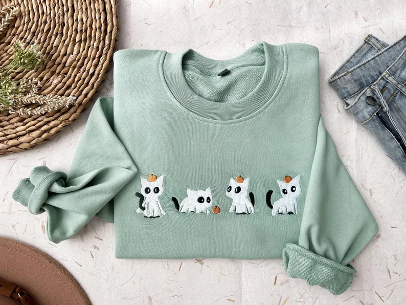 Custom Ghost Cats Embroidered Pumpkin Halloween Sweatshirt,Spooky Gift,TS-L-613